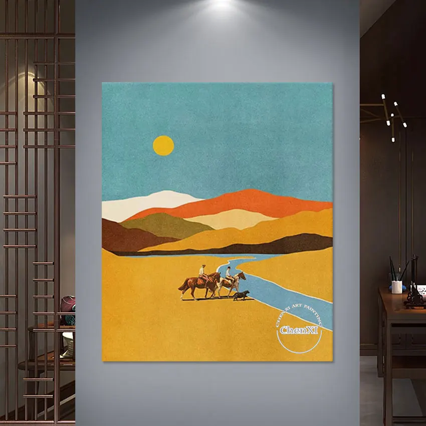 Camel Walking Hotel Porch Decor Desert Scenery Oil Painting On Canvas Pure Handmade Large Wall Picture Modern Murals Set