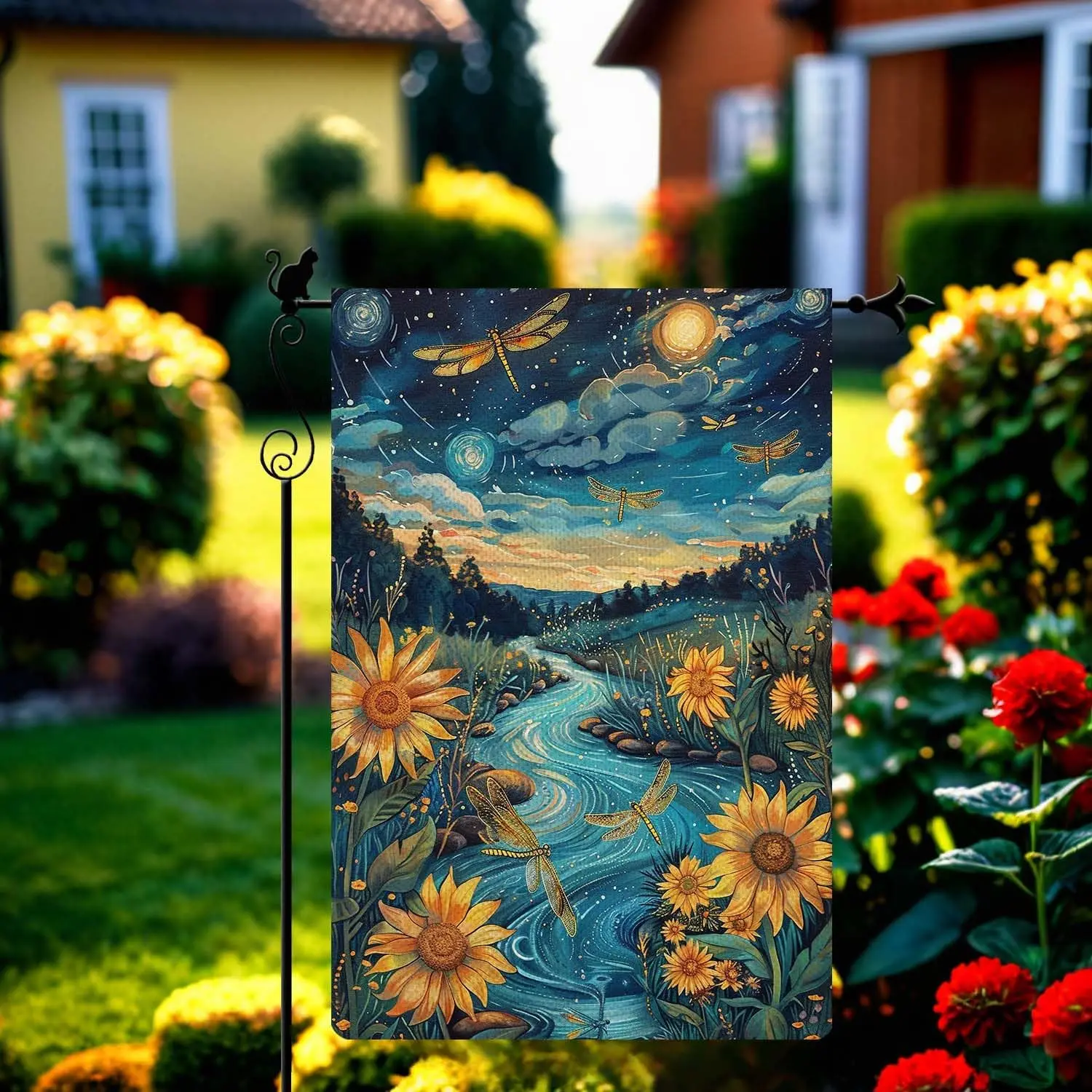 Gormcore Hand-Drawn Dragonflies over Meandering River, Starry Night Sky, and Sunflowers Spring Summer Garden Flag Vertical Doubl