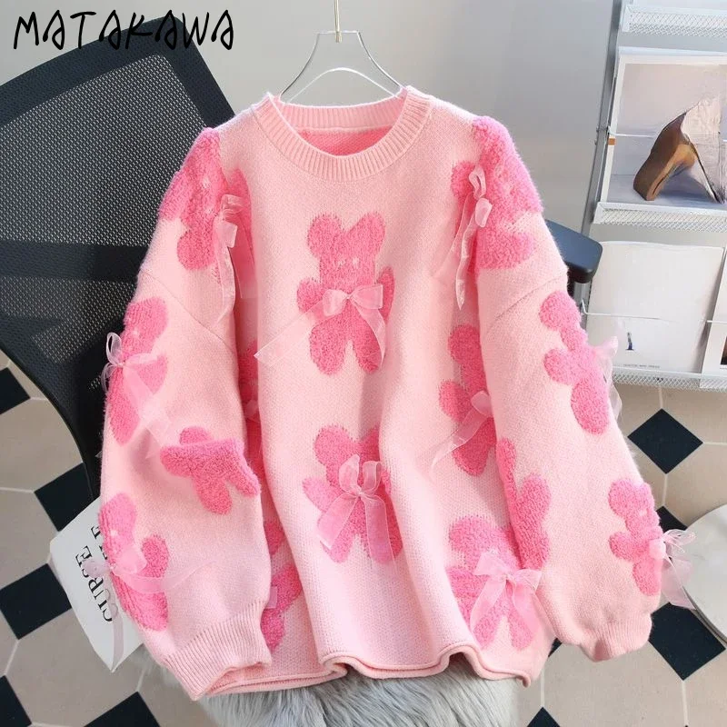 Matakawa, suéteres rosas de dibujos animados para mujer, lazos, Otoño Invierno, moda coreana, dulce Pull Femme Kawaii, jerséis Retro holgados y