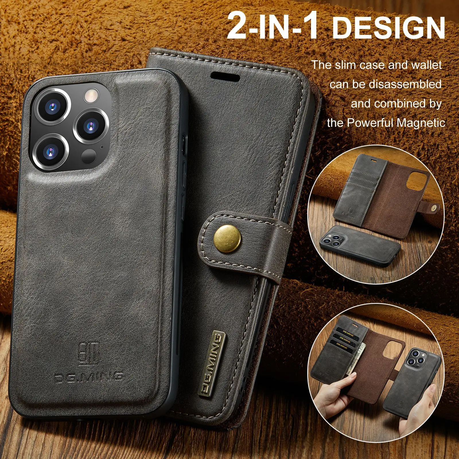 

Case for iPhone 14 Pro Max 15 16 Plus 13 12 Mini 11 XS XR 8 7 Luxury Leather Detachable Cover 3 Card Slot Wallet Flip Cover Capa