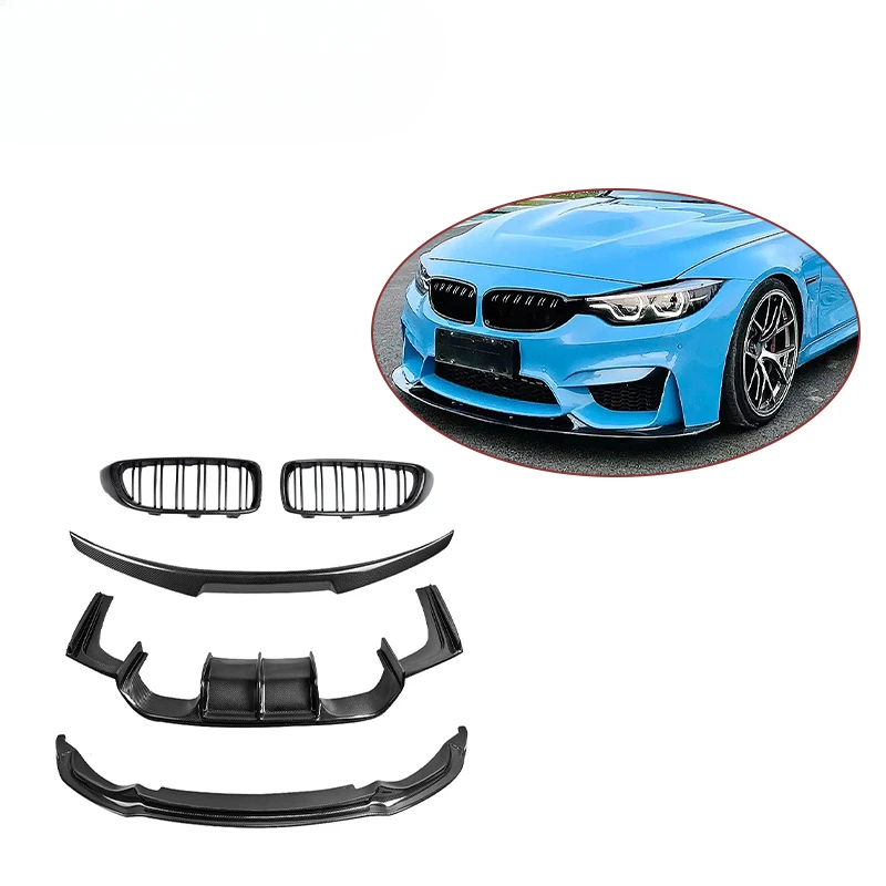 

Комплект кузова из углеродного волокна F80 для BMW M3 M4 F80 F82, передний бампер, автомобильная решетка, задний бампер, диффузор, спойлер