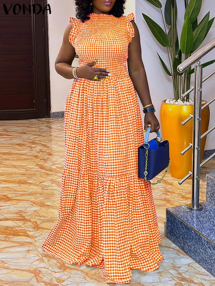 VONDA Letnia Sukienka Maxi w Kratę w Stylu Boho Damska Plisowana Długa Sukienka Letnia Elegancka Seksowna Bez Rękawów na Imprezę Vestido Codzienna Sukienka z Falbankami