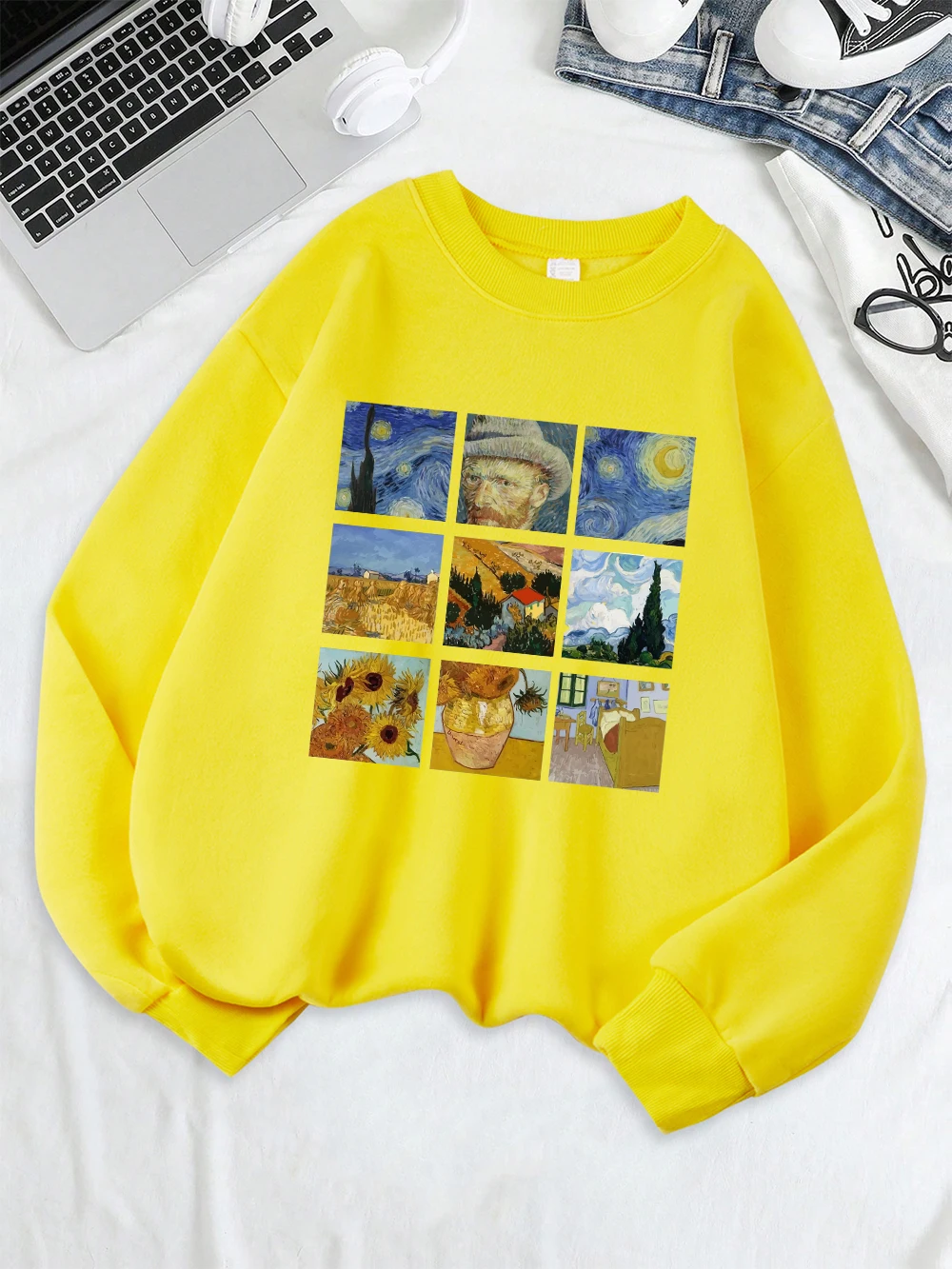 Felpa stampata Notte stellata di Van Gogh Felpa con cappuccio comoda da donna O-Collo in pile sciolto Pullover caldo Top casual da donna invernali