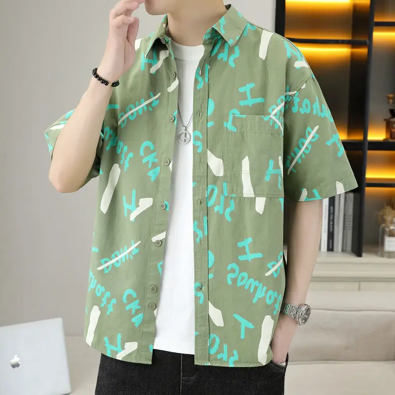 

Fashion Lapel Pockets Printed Letter Shirts Men's Clothing 2025 Summer New Loose Short Sleeve Casual Tops Young Style Shirts