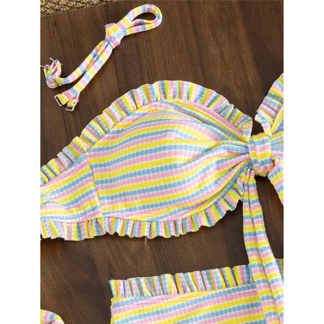 S - XL Gestreifter, plissierter, geraffter, geknoteter Bikini, Damen-Badebekleidung, zweiteiliger Bikini, Badeanzug, Badebekleidung, Schwimmanzug V8509 – Detail 7