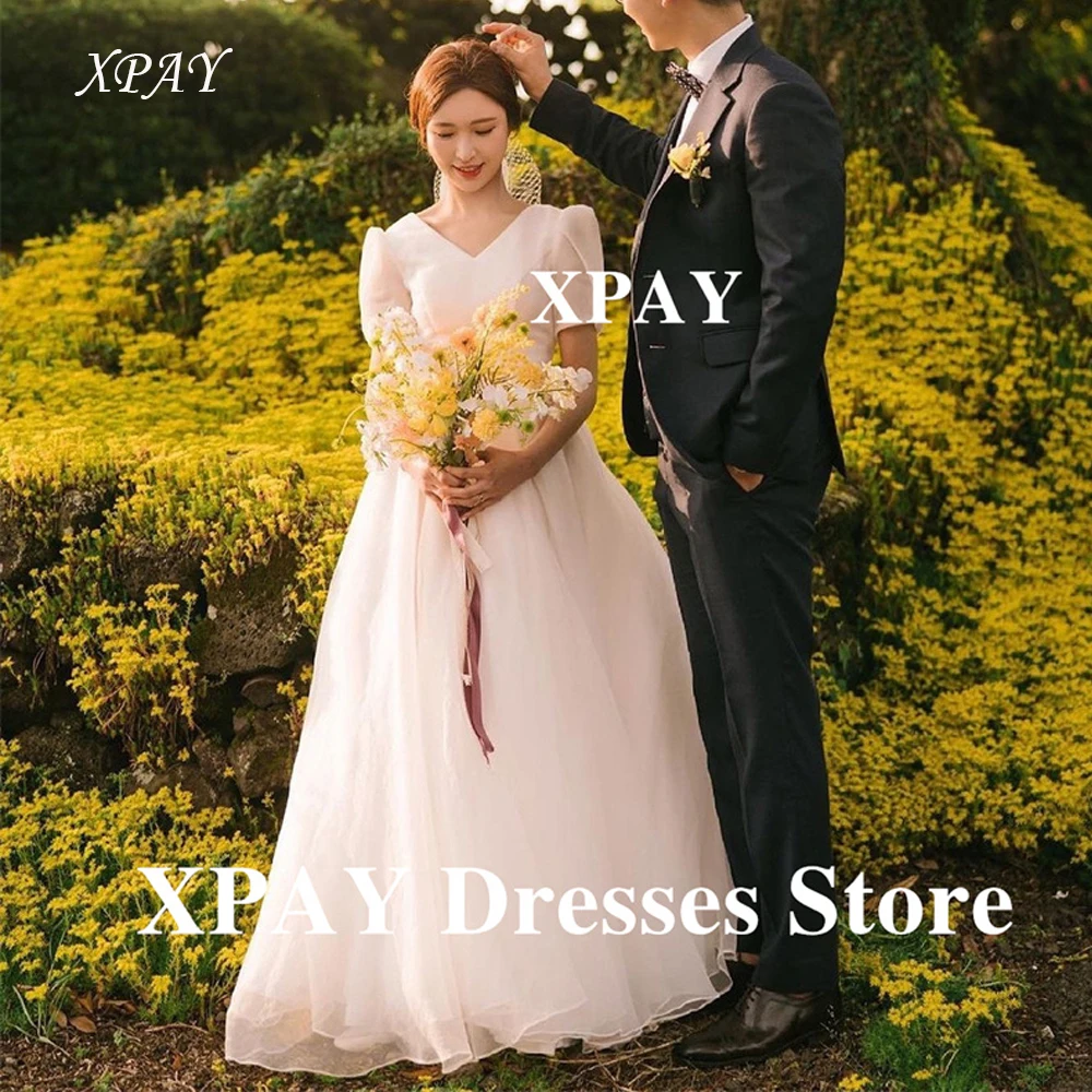 

XPAY Simple A Line Silk Organza Wedding Dresses Korea Photo shoot V Neck Short Sleeves Bridal Gowns Princess Customized Plain