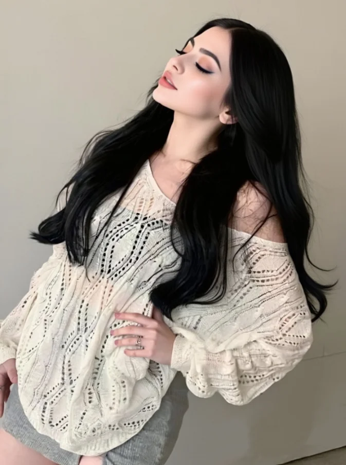 

Hollow Out Lace up Back Crochet Shirt Long Sleeve Knit Tops Pullovers Women Teengirls Grunge Aesthetic Outfit