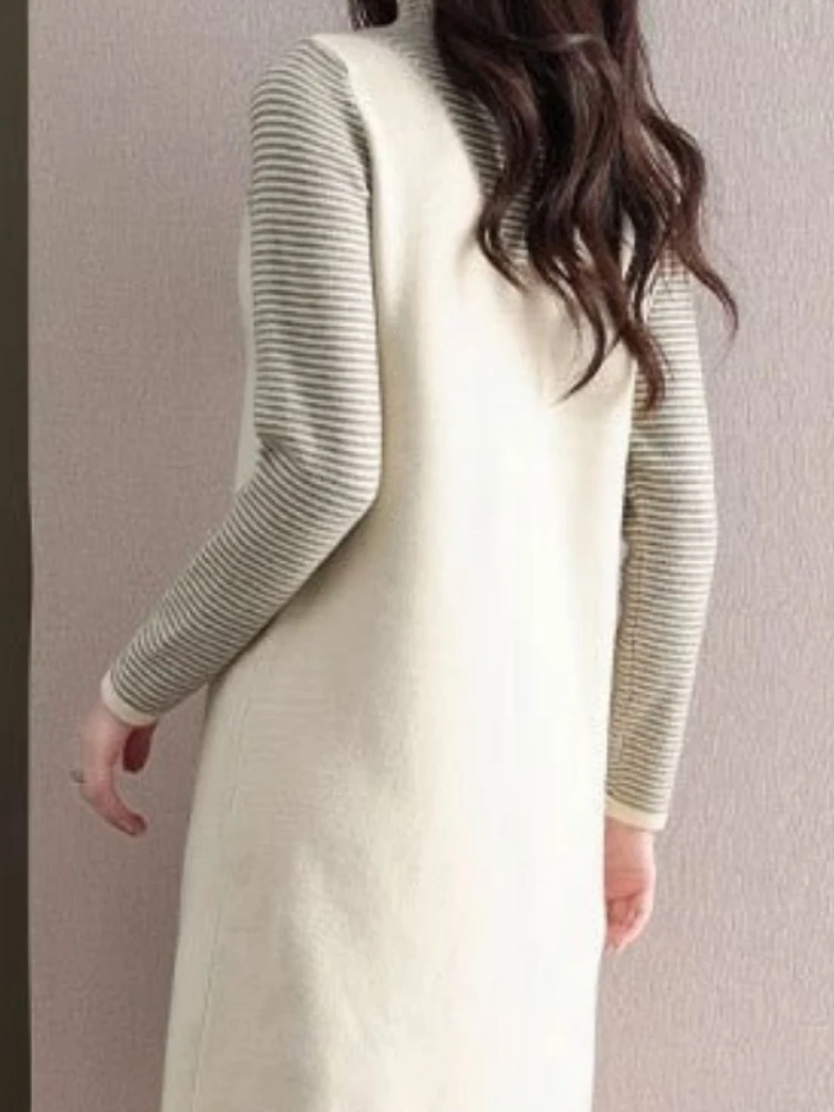 فستان نسائي للخريف والشتاء سترة محبوكة متوسطة الطول مكونة من قطعتين تنورة فضفاضة من الداخل مع تنورة محبوكة من الأسفل #5