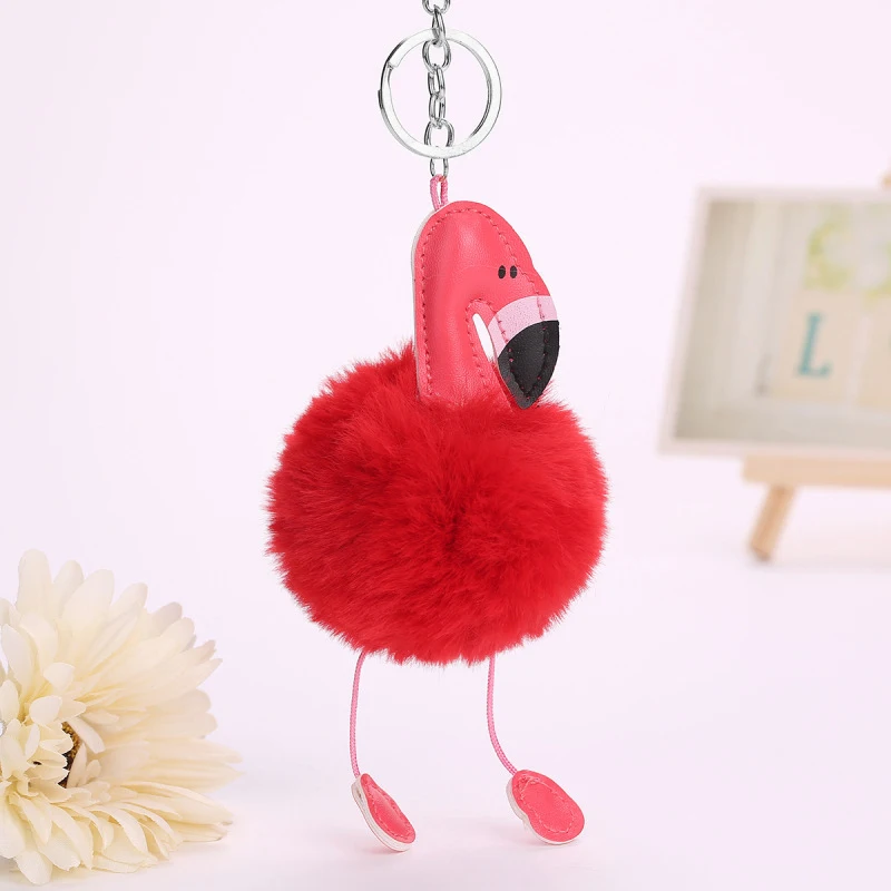 Image 5: Porte-clés Pompon Flamingo Moelleux pour Femme, Porte-clés Boule de Fausse Fourrure de Lapin, Sac Pompon, Porte-clés de Voiture, Cadeau Original, Nouveau