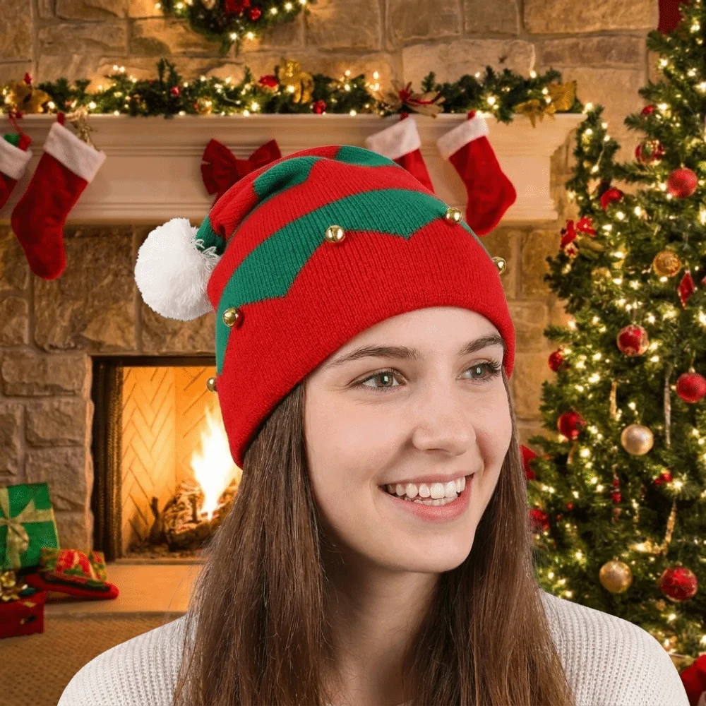 Geschenk Frohe Weihnachten Mütze Weihnachts-Strickmütze Warme Grün-Rote Santa-Mütze Plüschball Koreanischer Stil Wollmütze Frohes Neues Jahr – Detail 6