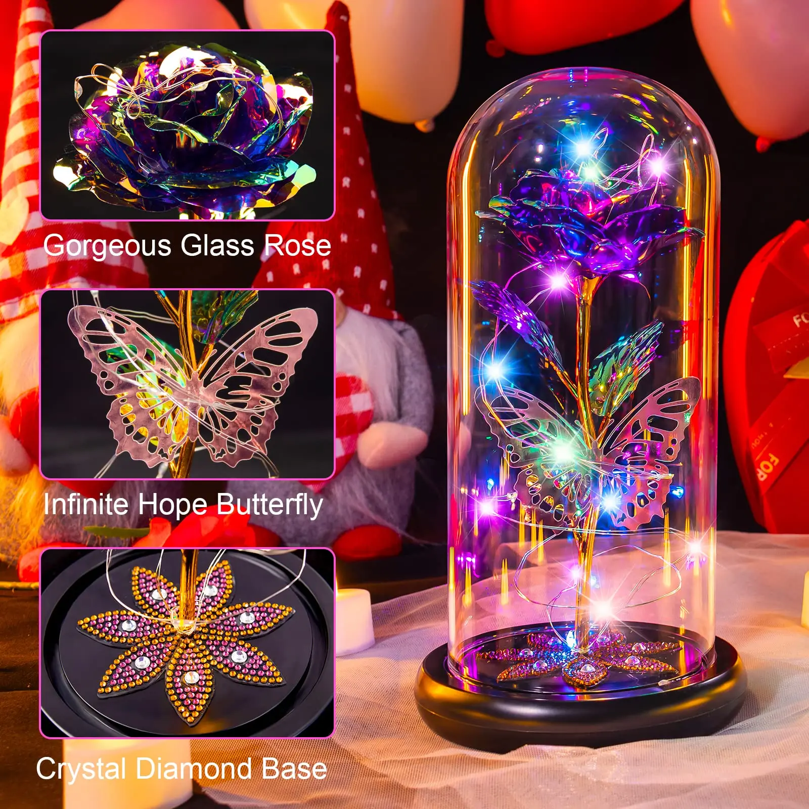 Galaxy Glass Rose Flower, Forever Eternal Crystal, Light Up Rose in Glass Dome, Birthday Gifts for Mom, Her, Grandma, Wife