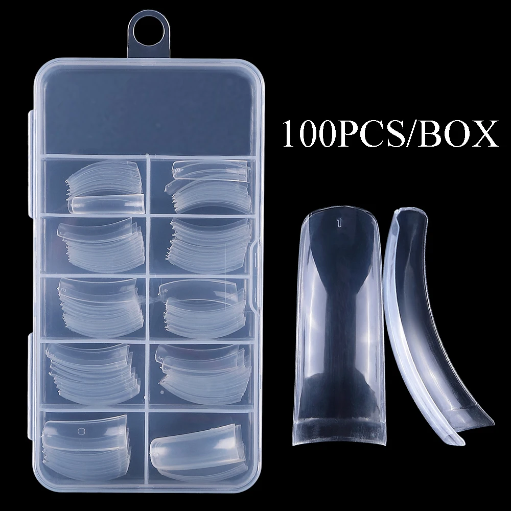 100PCS Clear C Curve Long Coffin Press On Nails 10 Sizes Transparent French Fake Nail Tips DIY Salon Manicure Extensions