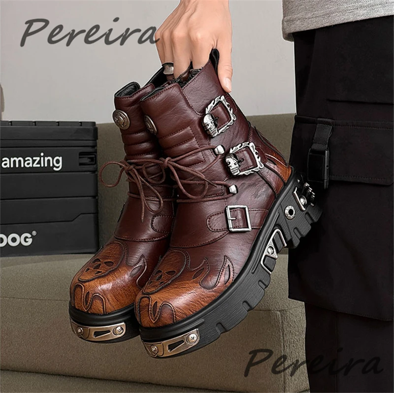 

Punk Style Brown Thick Soled Boots Retro Skull Metal Buckle Platform Zipper Motorcycle Boots Niche Trend Men's High-Top Boots