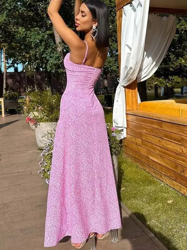 Abito lungo sexy diviso da donna Abito da festa senza maniche stampato floreale Abito da club con zip per spaghetti Abiti eleganti Estate 2SMS