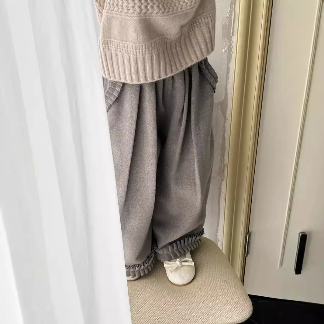 Girls Pants Autumn Winter 2024 New Fashion Wood Ear Edge Girls Flannel Pants Wide Leg Pants Autumn Simple Casual Trousers image 3