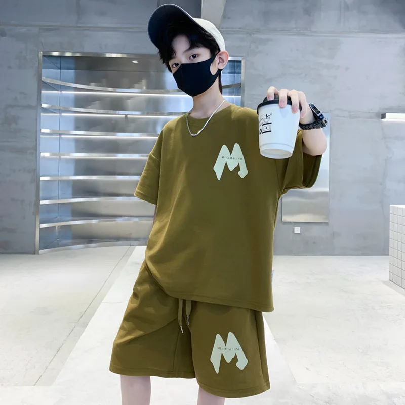 2pc Boys Clothes Set Summer Kids Short Sleeve Letter loose T-shirt Shorts Sport Casual Outfits Set for Teenage Boy Clothing