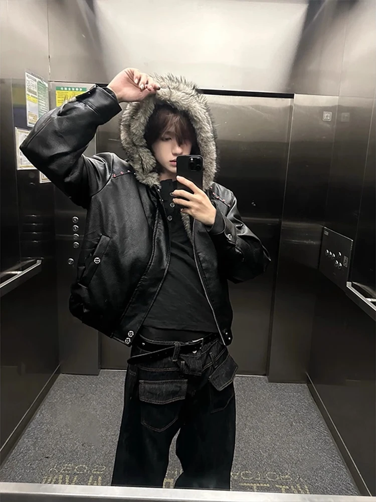 

Мужское джато из искусственной кожи в стиле ретро в американском стиле High Street, теплое хлопковое пальто с капюшоном и подкладкой CleanFit ort Fce для пар