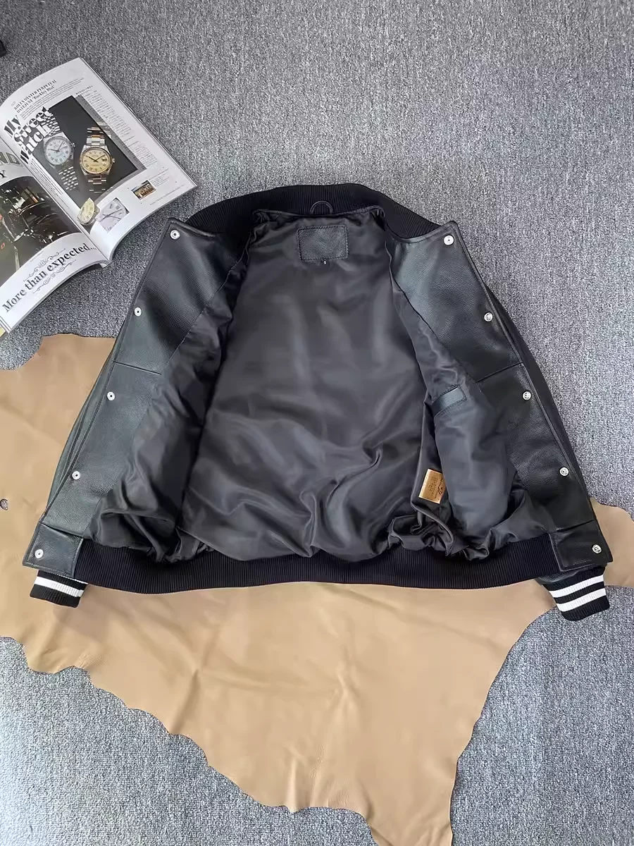American Loose Genuine Leather Jacket Men\'s Casual Leather Outwear Raglan Sleeve Baseball Uniform First Layer Cowhide Jacket Heavy Genuine Leather