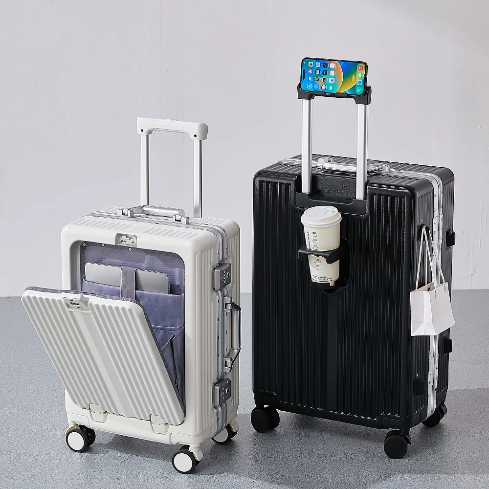 20 Inch Front Opening Multi-Functional Aluminum Frame Carry-on Luggage with Password Lock