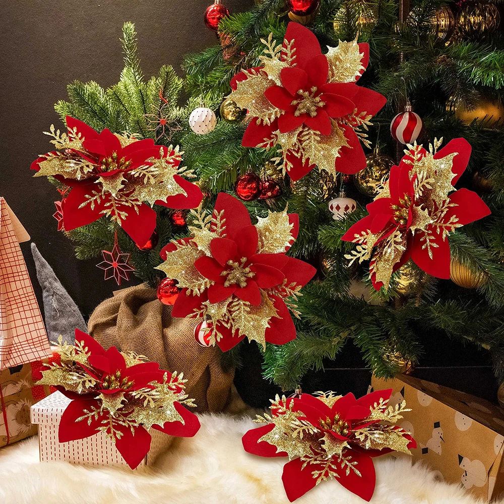 5/10Pcs Christmas Decoration Artificial Flowers Xmas Tree Ornaments for Home Decor Fake Flowers Navidad New Year 2025 Supplies