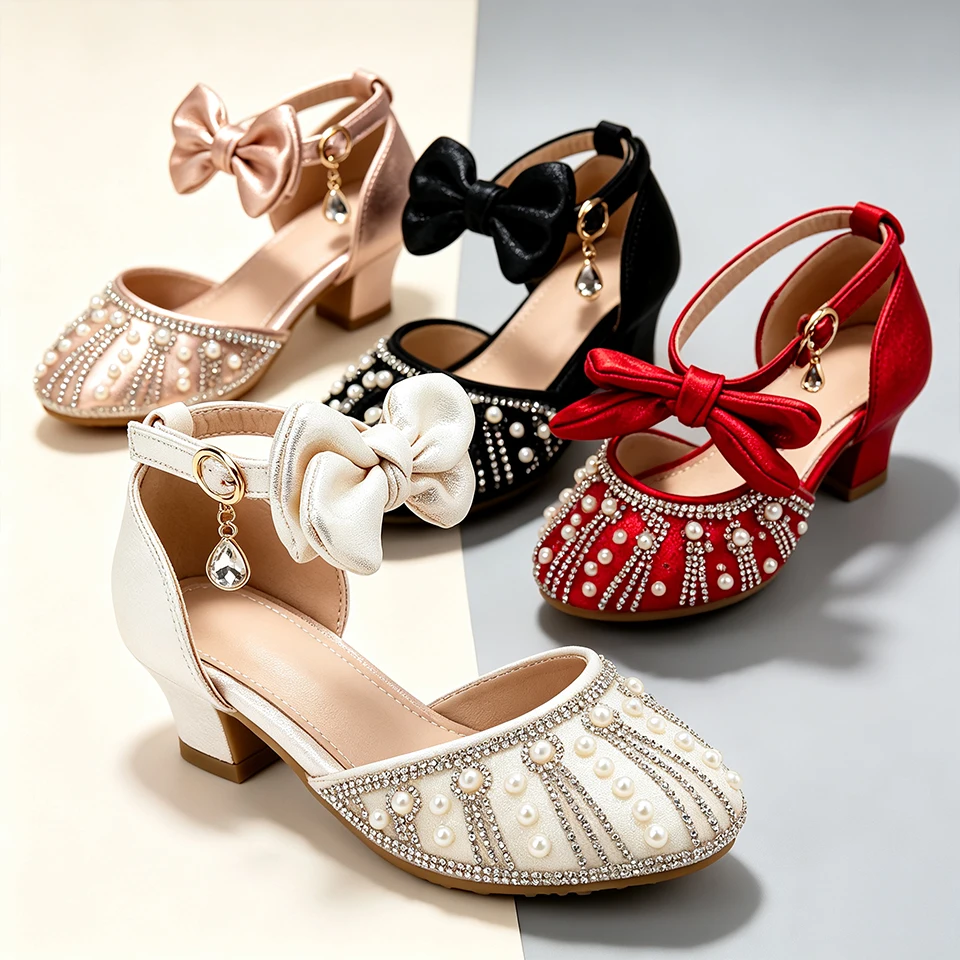 Formal Flower Girl Princess High Heels Pearl Rhinestone Shoes Pageant Children Party Wedding Bridesmaid First Communion Sandals