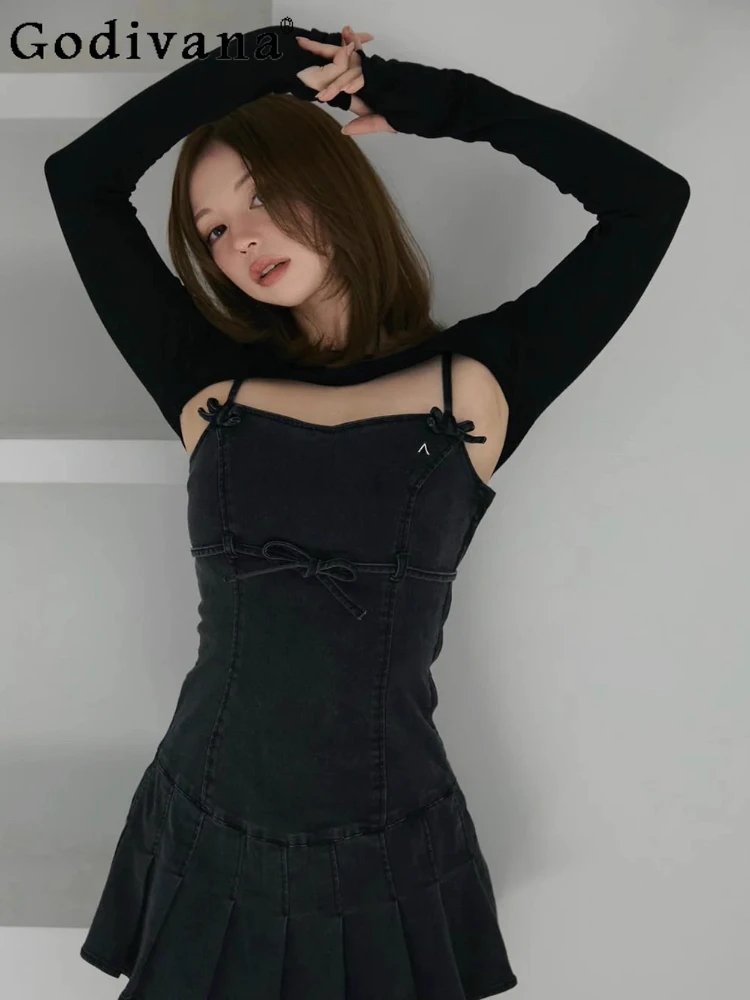 Estilo japonês feminino doce moda denim vestido blusa conjunto de 2 peças primavera e outono nova senhora fino ajuste fino estilingue vestido conjunto superior