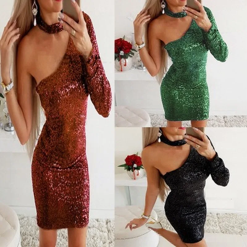 2020 Women's Bodycon Dress off-Shoulder Dress Sparkling Sexy Dress Slim Medium-Length Long Sleeve Sequins Dress