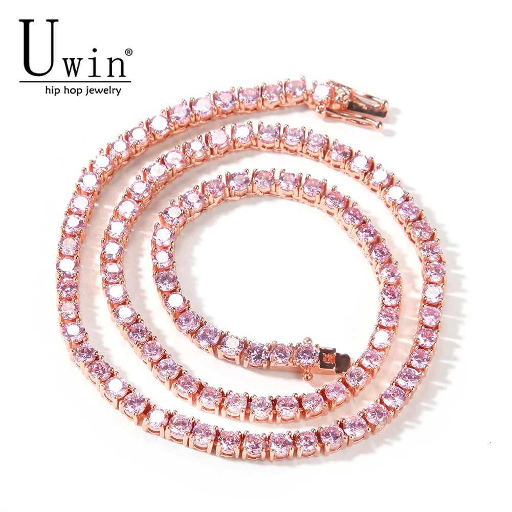 Uwin Rosegold Pink 4mm Tennis Chain Cubic Zirconia Necklace Hip Hop Glittering Iced Out Luxury Men And Women Fashion Jewelry