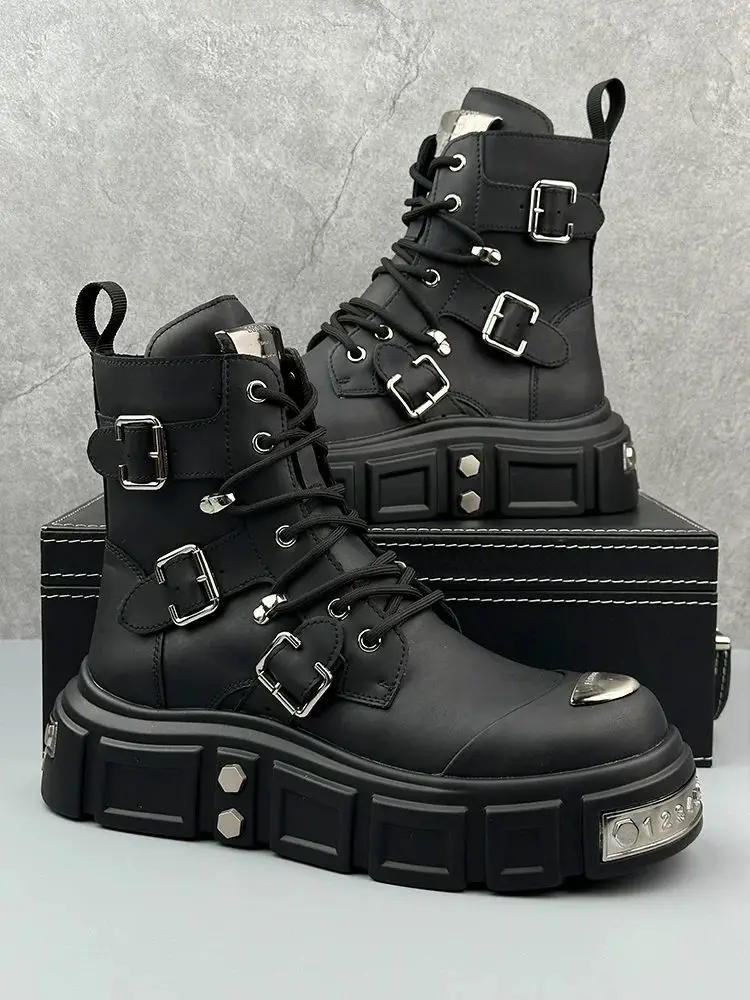 

2025 Autumn Men's Genuine Leather Punk Style Platform Zipper Locomotive Boots Tooling Big Head High-top Chelsea Shoes