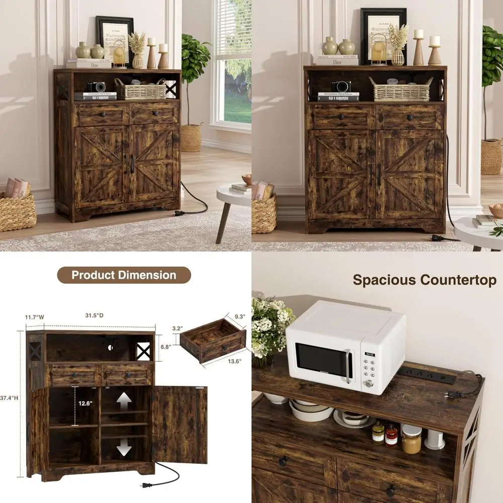 Farmhouse Style Rustic Brown Storage Cabinet with Doors and Drawers, Kitchen Pantry Hutch Buffet Cabinet for Storage
