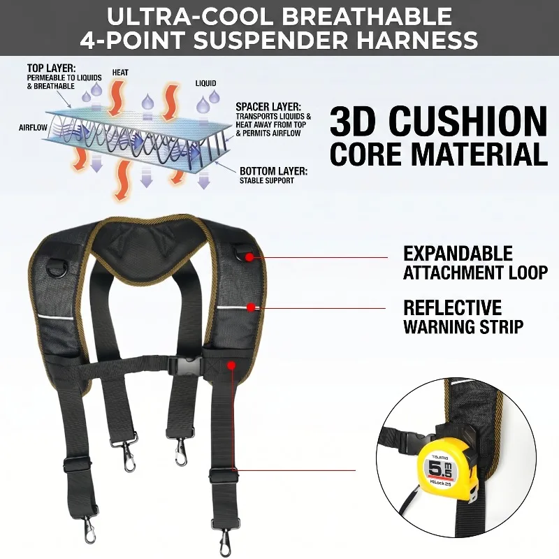 NAKIOO Ultra-Cool 3D Cushion Tool Belt,Breathable Work Waist Belt with Suspender,Heavy Tools Bag for Woodworking & Electrician