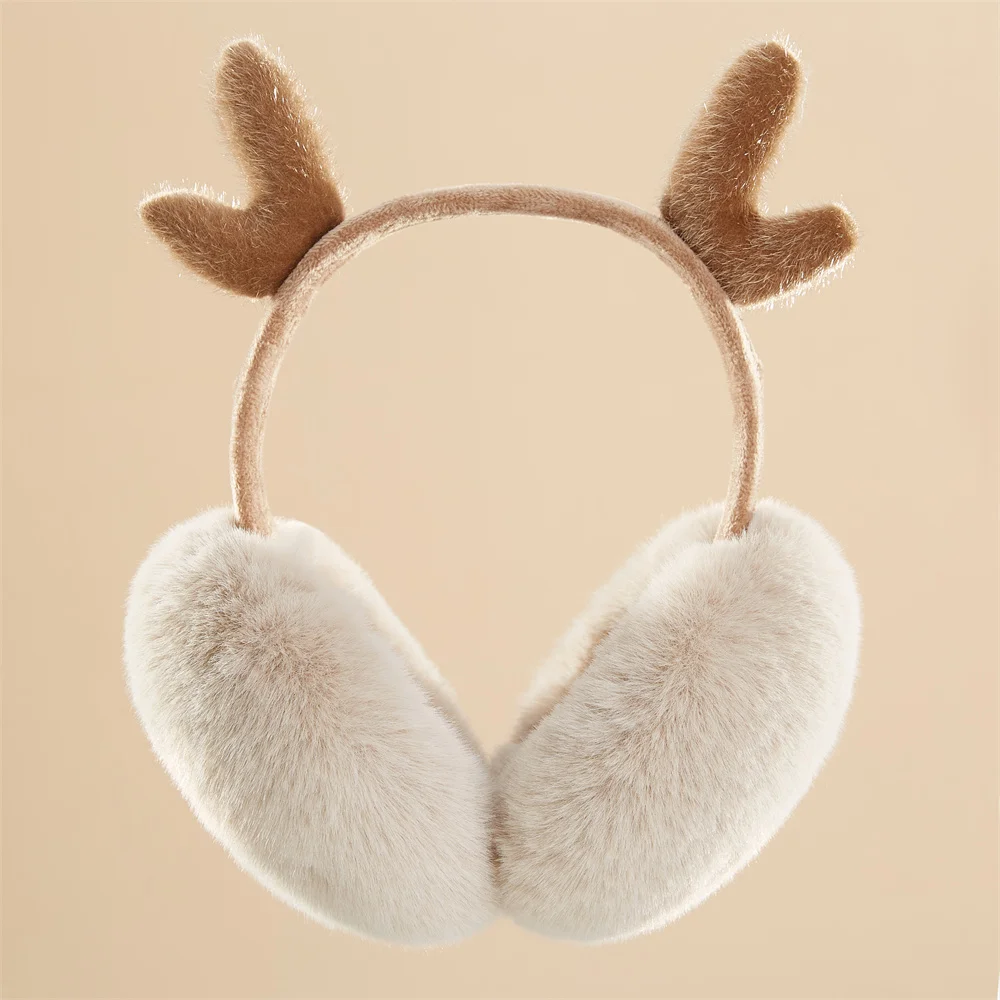 Winter Elk Horn Earmuffs Brown Collapsible False Rabbit Hair Ear Warmth Christmas Present Common for Adults and Children