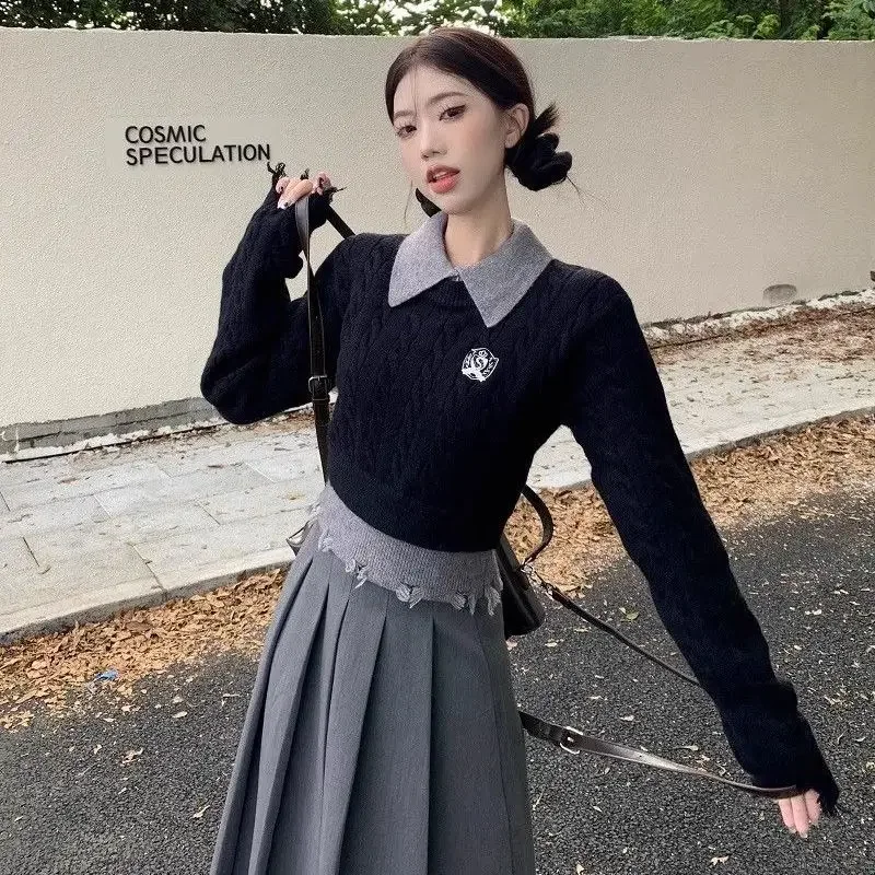 Deeptown Preppy Style Pullovers Women Vintage Knitted Sweater Korean Style Elegant Autumn Winter Aesthetics Patchwork Sweaters