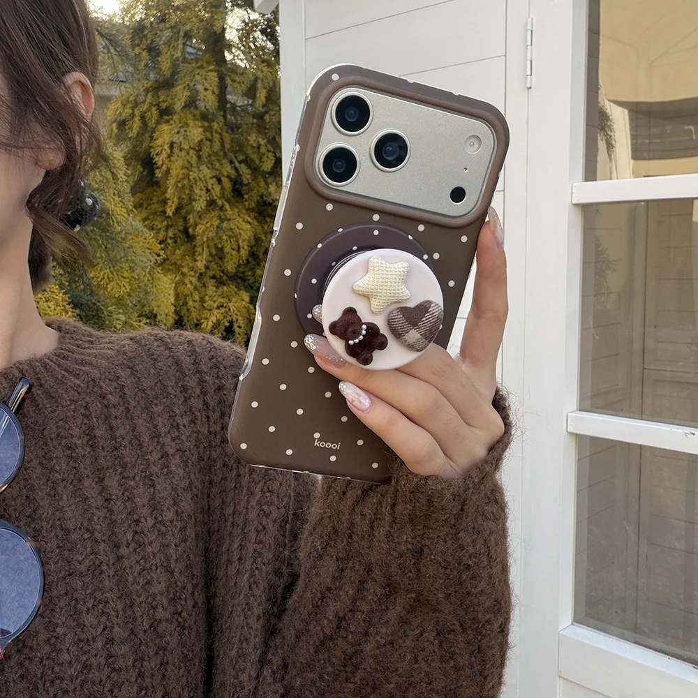 Luxuriöse braune weiße Polka Dot-Muster-Magnet-Handyhülle für iPhone 13, 14, 15, 16, 17 Pro Max, stoßfeste, niedliche Abdeckung für Magsafe-Hülle – Detail 16