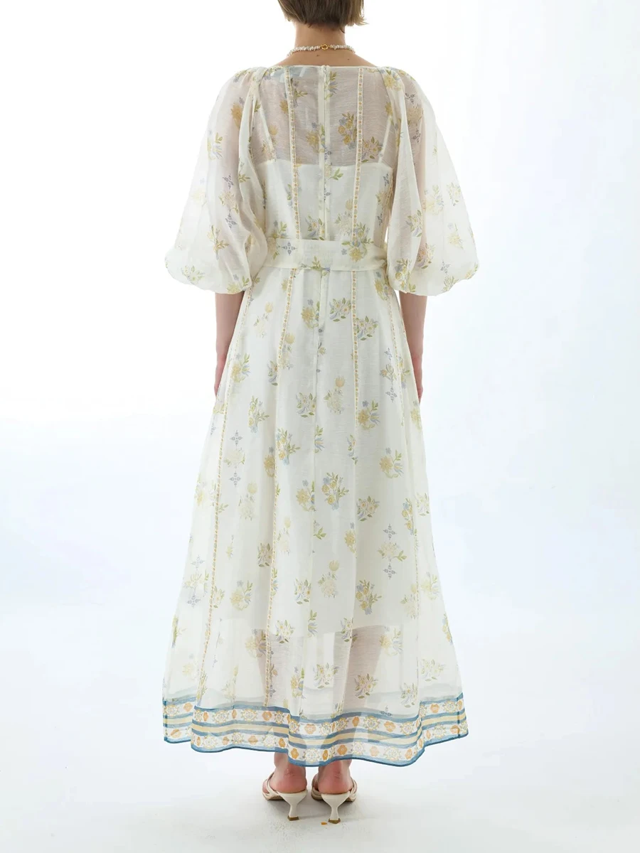 فساتين طويلة شبكية شفافة عتيقة من VGH للنساء بياقة على شكل V وأكمام ثلاثة أرباع وخصر عالي وفضفاض ومطبوع بأربطة فستان نسائي #4