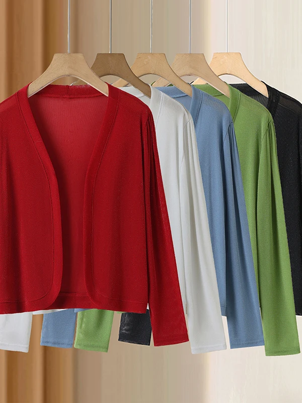 Summer New Long Sleeve Open Cardigan Shiny Thread Sun Protection Large Size Mom's Wear Outerwear Lightweight Polyester Fiber