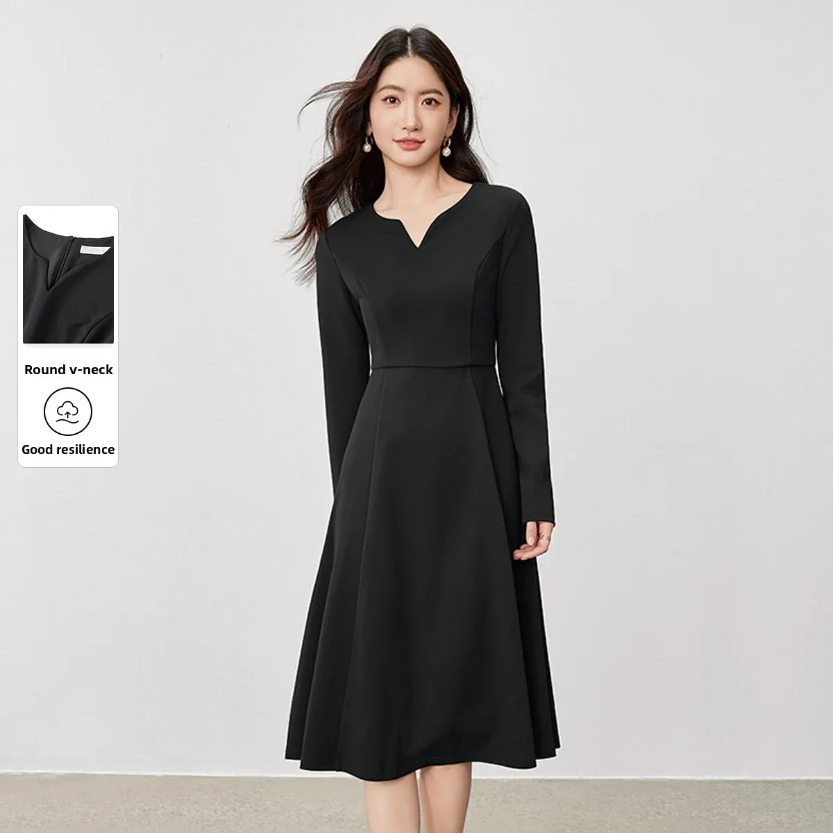 

SENTUBILA Women's Knit Dress 2025 Autumn Round V-Neck Long Sleeve Slimming Fit Temperament Commuter Elegant Dress 153LJ2775