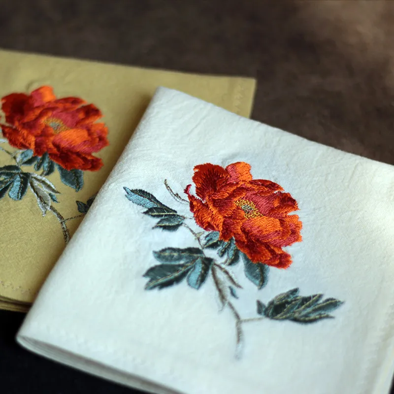 Chinese Style Peony Embroidered Lucky Auspicious Blessing Cotton Handkerchief Sweat Absorbent Pocket Square Unisex Gift For You