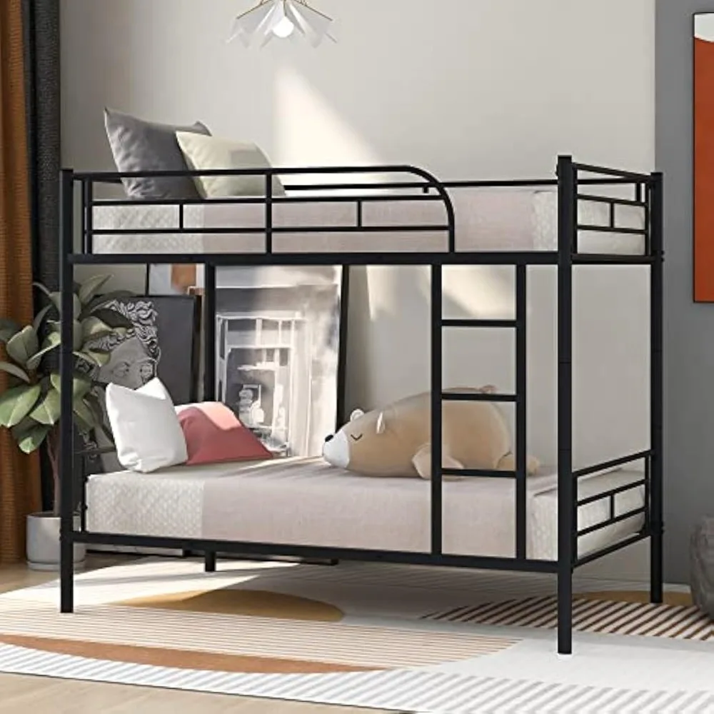 Metal Twin Size Bunk Beds, Twin Over Twin Beds Frame with Stairs, Guardrail, Can be Divided into Two Beds for Boys Girls