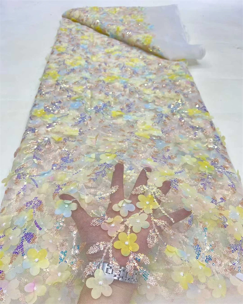 

African 3D Flower Lace Fabric Embroidered Applique Nigerian Sewing Fabric for Dubai Sequins Tulle Dresses