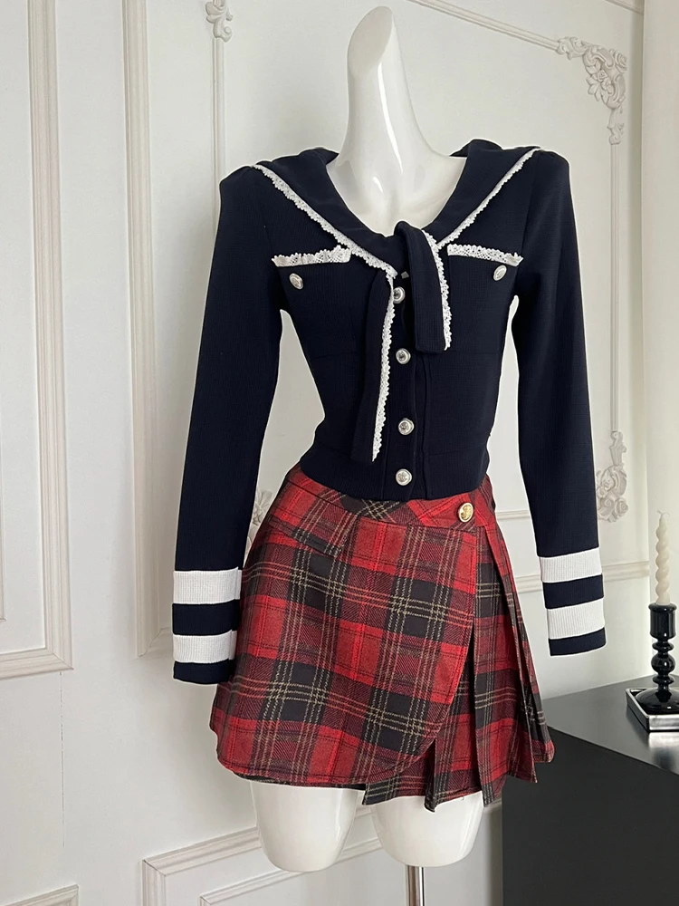 Autumn Women Korean Vintage 2000s Aesthetic Outfits 2 Piece Set Long Sleeve Sailor Collar Cardigan Sweater + Mini Plaid Skirts