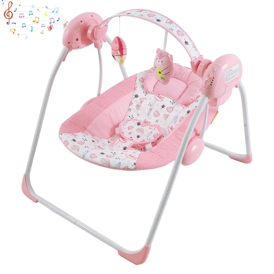 Balanço infantil dobrável rosa para meninas de 0 a 9 meses com música, 5 níveis de velocidade, configuração de tempo, almofada macia, uso interno e externo