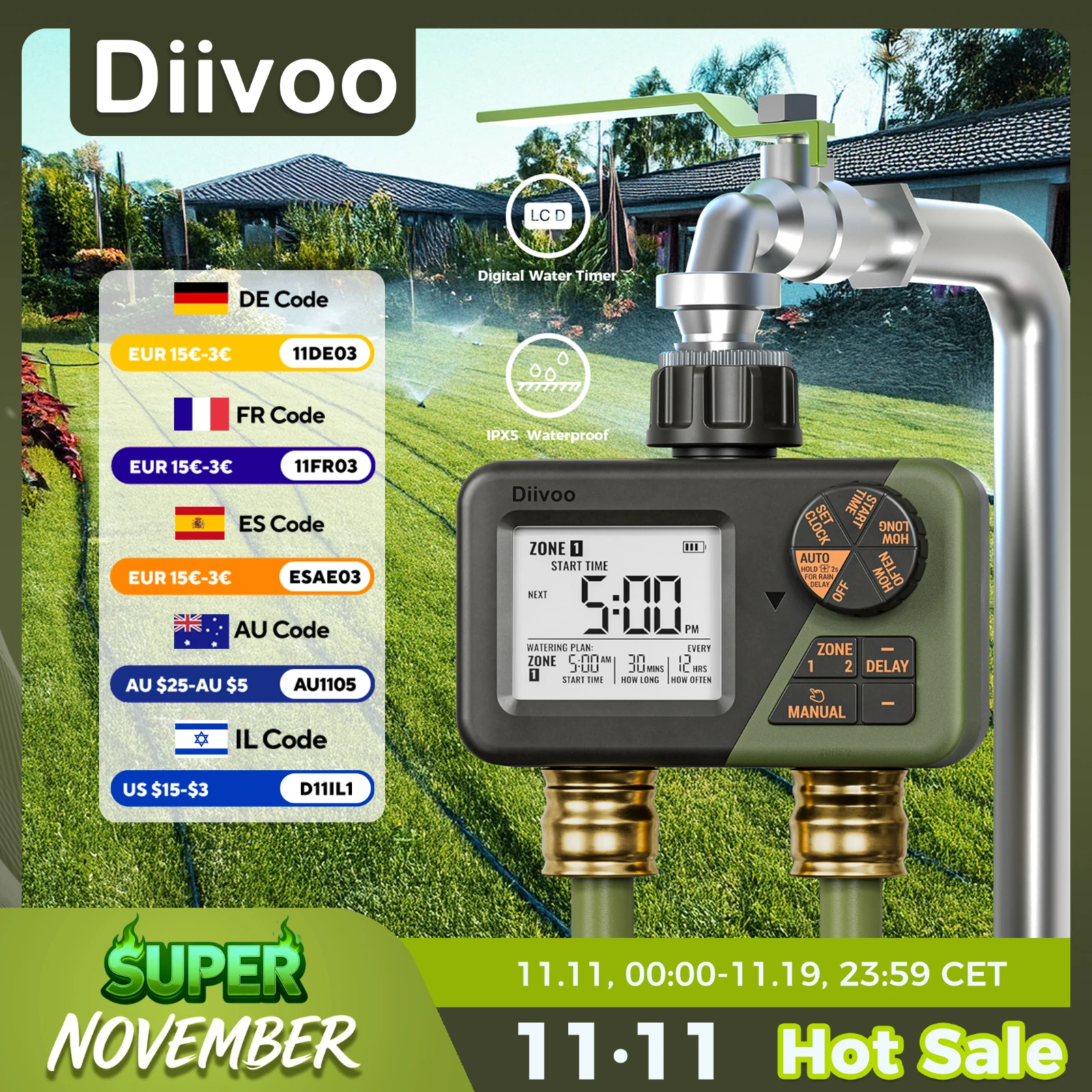 

Таймер для садовой воды Diivoo, 2 розетки, IPX5, водонепроницаемый, многофункциональный, автоматический таймер для орошения с задержкой дождя/ручным/автомобильным режимом