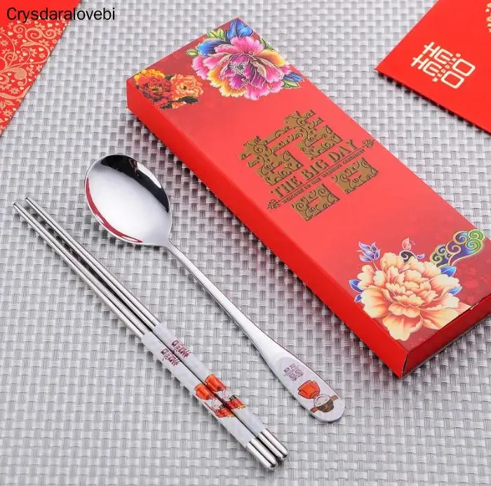 100 pcs/lot Stainless Steel Dinnerware Double Happiness Red Color Spoons Chopstick Sets Wedding Party Gifts For Guest