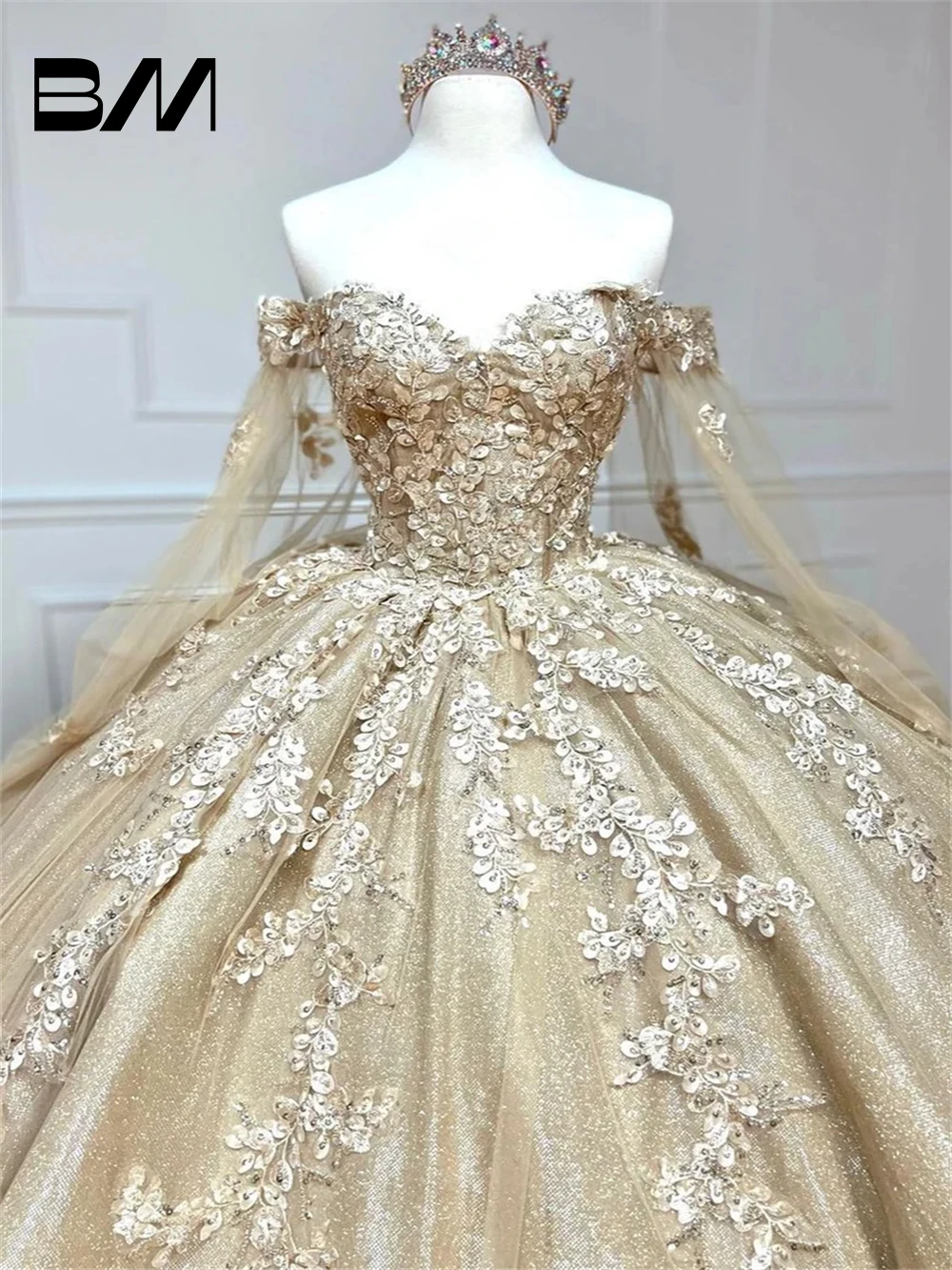 Glamorous Gold Sweetheart Ball Gown with Cape Sleeves, Sweet 15 16 Dress, Princess Party Gown, Quinceanera Dress Cocktail Gown