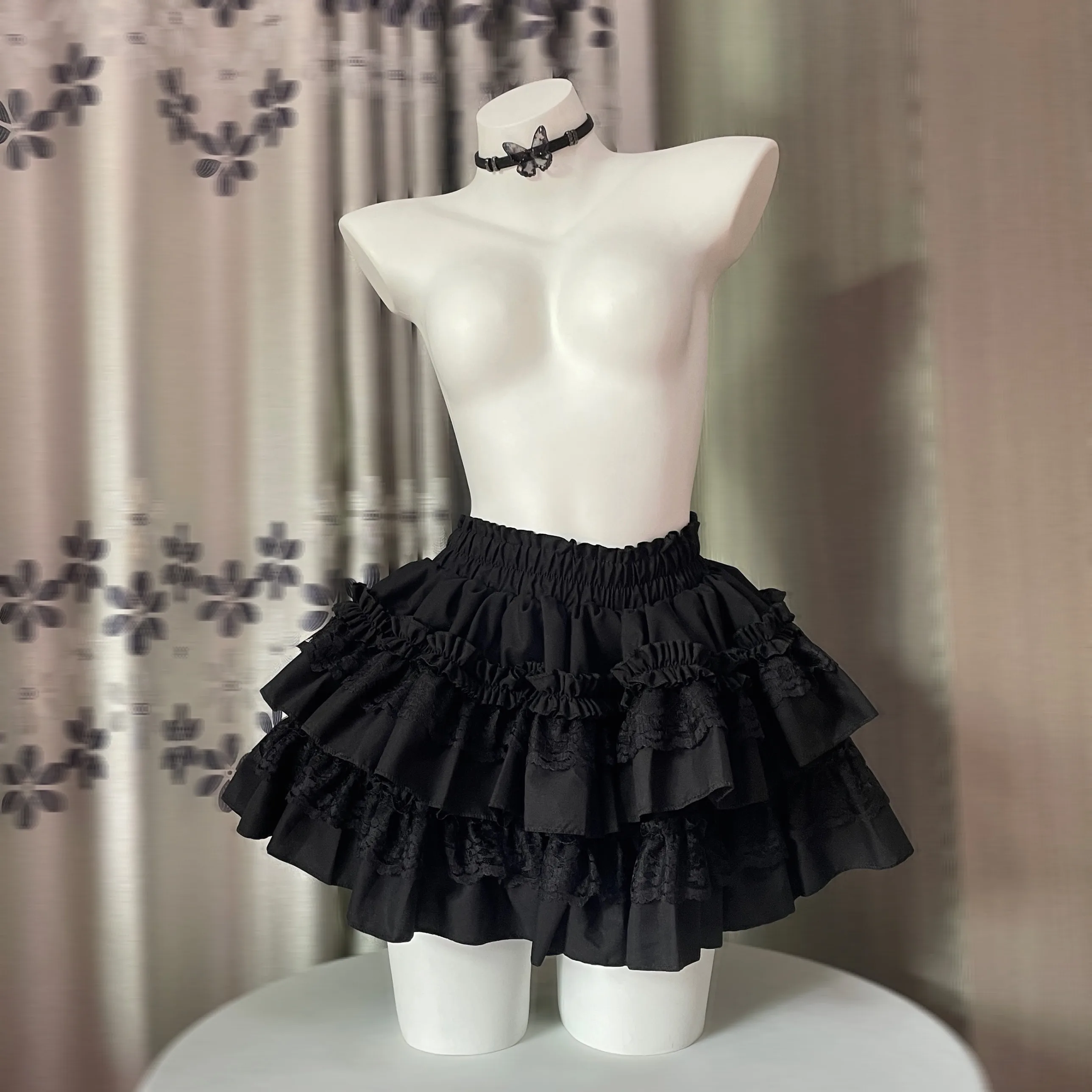 Original New Spring Summer Dark Gothic Elegant Lace Mini Cake Skirt All-match Elastic High Waist Subculture A-line Puff Skirts