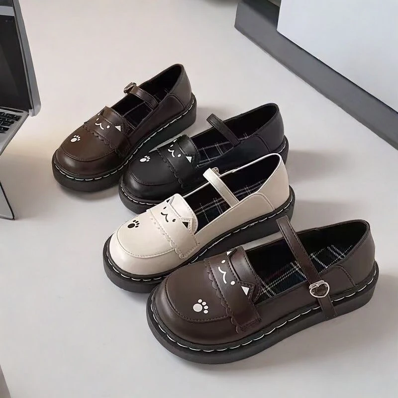2025 New Black Brown Women's Thick Low Flat Shoes Buckle Lolita School Uniform Student Girl Designer Cute Women's Shoes