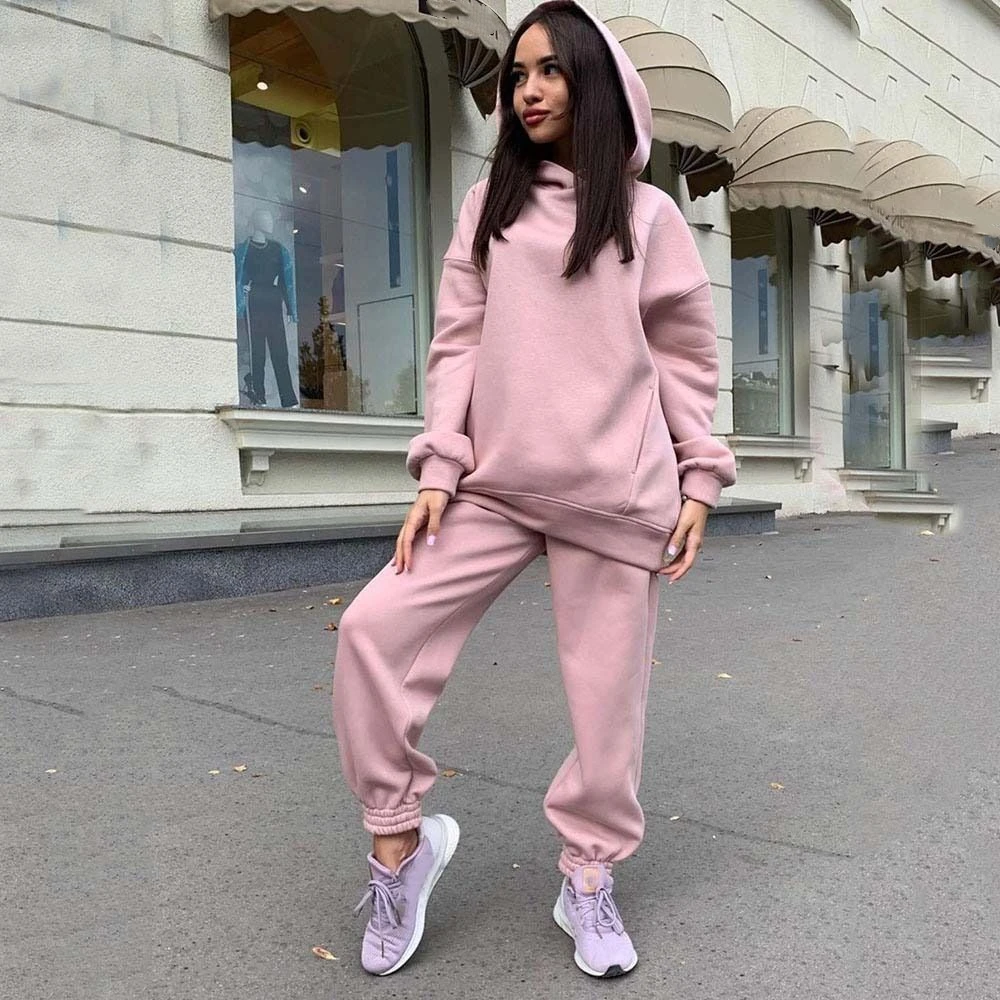 Long Sleeve Jogging Pants Outfits 2Piece Sets Big Hat Hoodie Pants Sweatshirt Thicked Streetwear Velvet Running Sets Girl