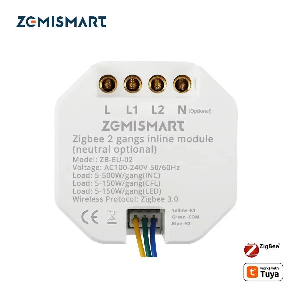 Zemismart Tuya Zigbee Inline Module Switch APP Remote Control Mini Light Switch 2 Gangs 2 Way Neutral Optional Alexa Google Home