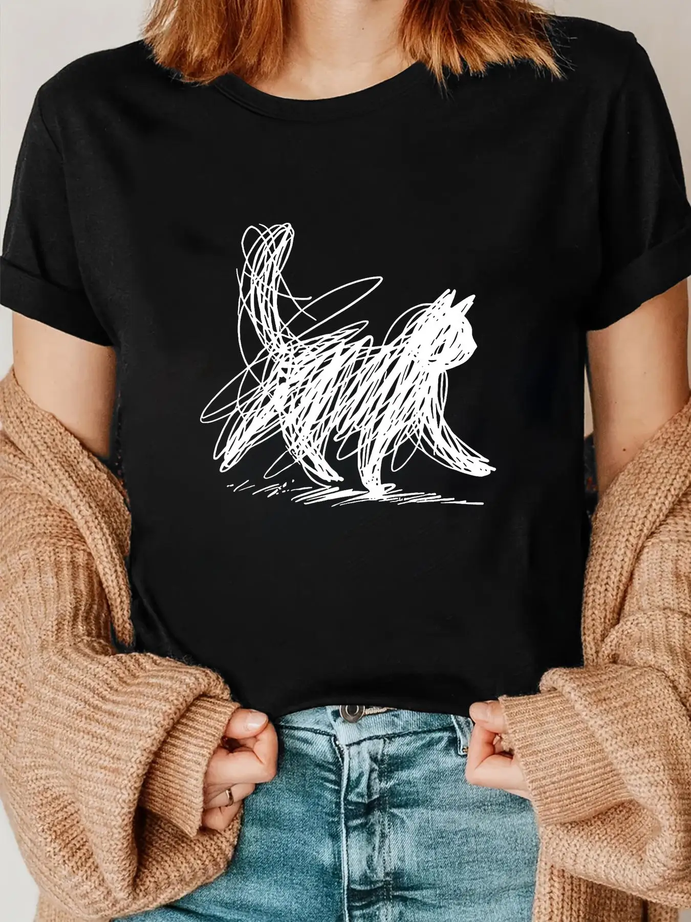 Scribble Cat Minimal Line Art Japanese Women's Basic T Shirt Crew Neck Short Sleeve Casual Fashion Tops